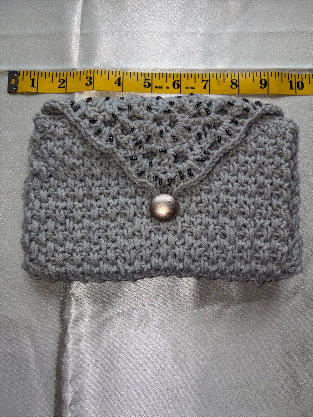 Hand-Crocheted Gray Clutch Wallet with Button Closure